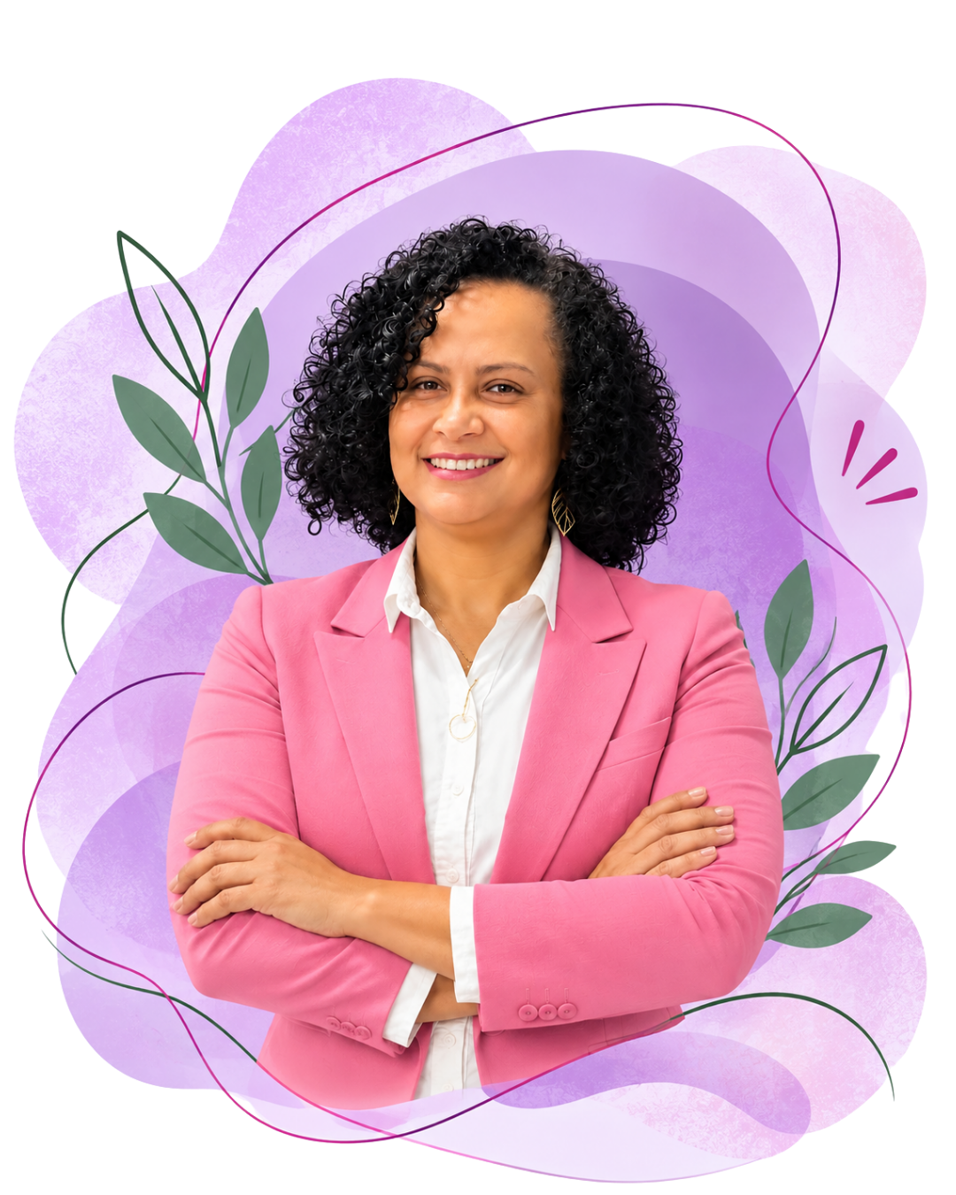 Denise Ana Oliveira usando blazer rosa em uma composição com formas lilás e elementos botânicos